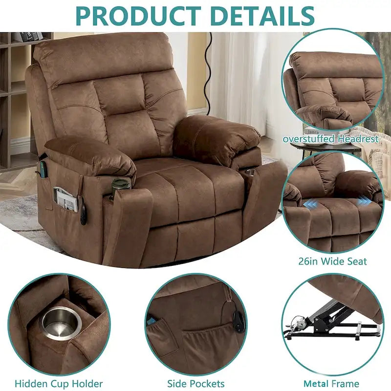 Large Electric Power Lift Recliner With Heat, Massage, Hidden Cup Holder - 40.94W x 38.19D x 42.52H