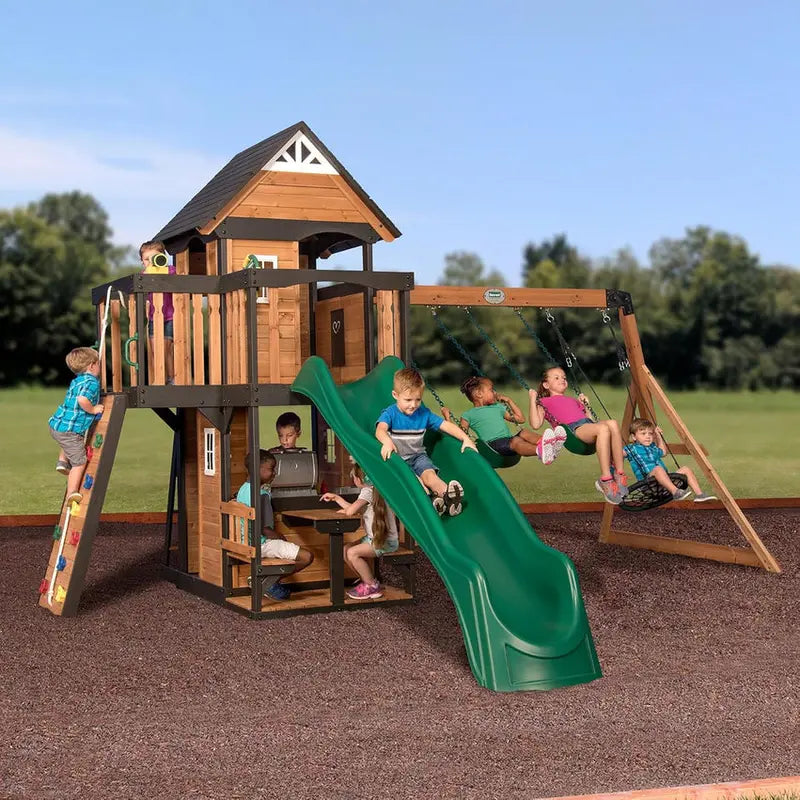 Canyon Creek Cedar Swing Set With 8-Foot Wave Slide - 183 x 188 x 119 Inches