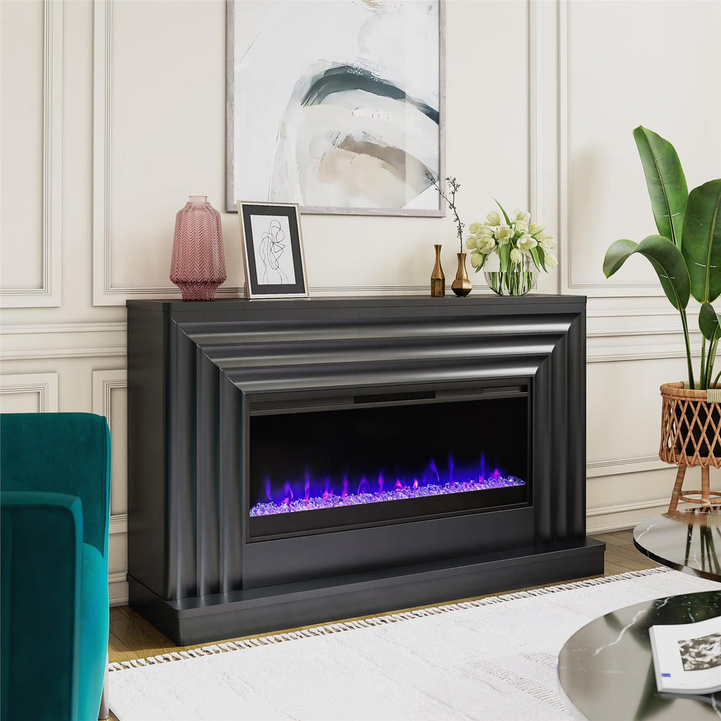 CosmoLiving by Cosmopolitan Electric Fireplace Mantel TV Stand, Black, 65 in, 42 in Insert - Rene
