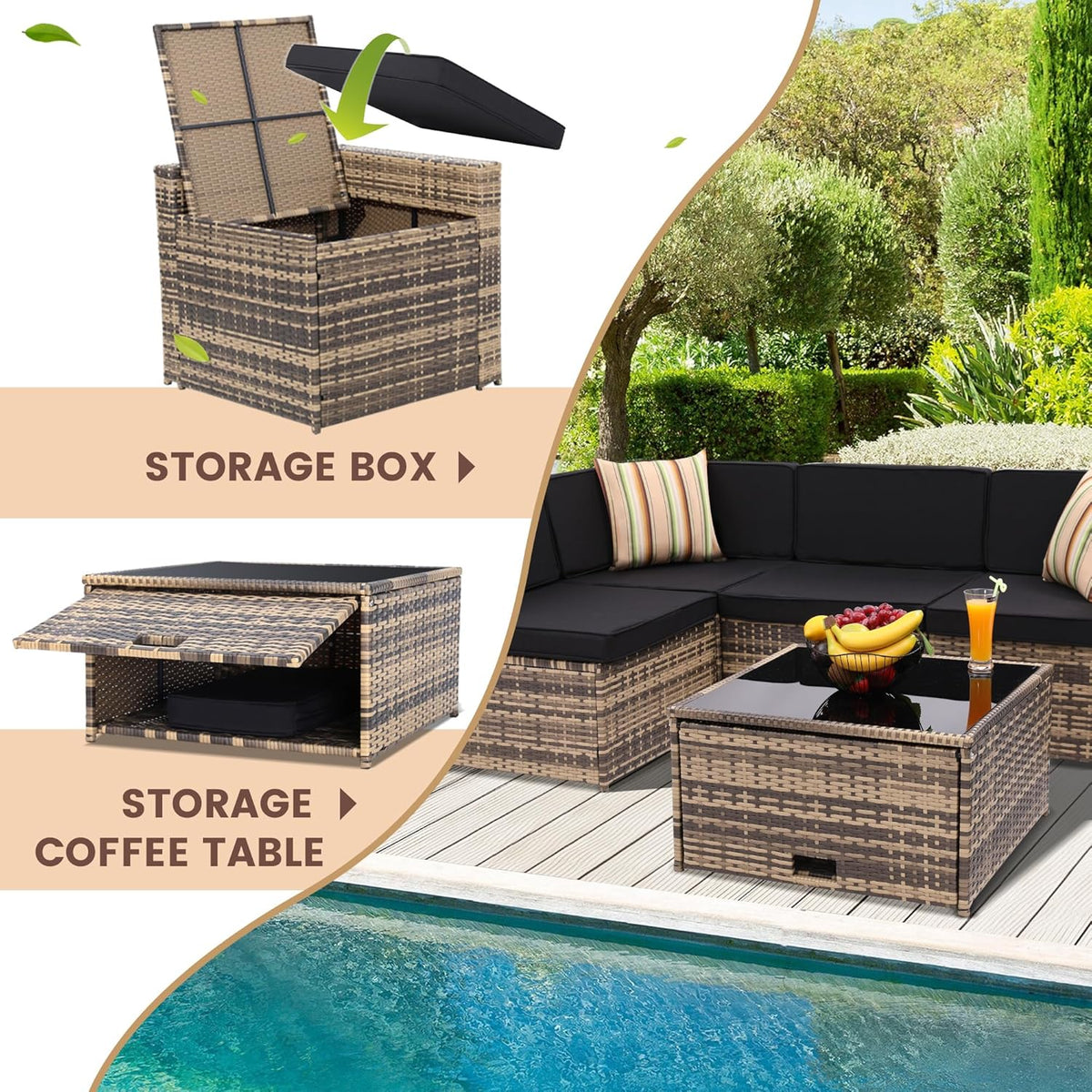 8-Piece Outdoor Wicker Rattan Sectional Patio Furniture Set With Cushions And Glass Top Storage Table - Black