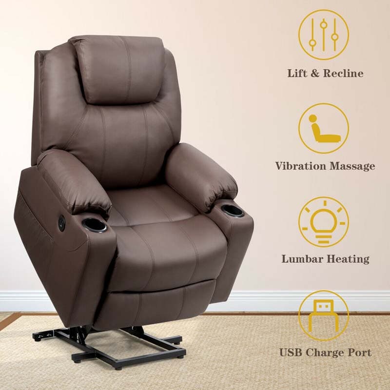Electric Power Lift Recliner Chair With Leather Massage, Lumbar Heating, 8 Vibrating Nodes, Cup Holders And USB Port