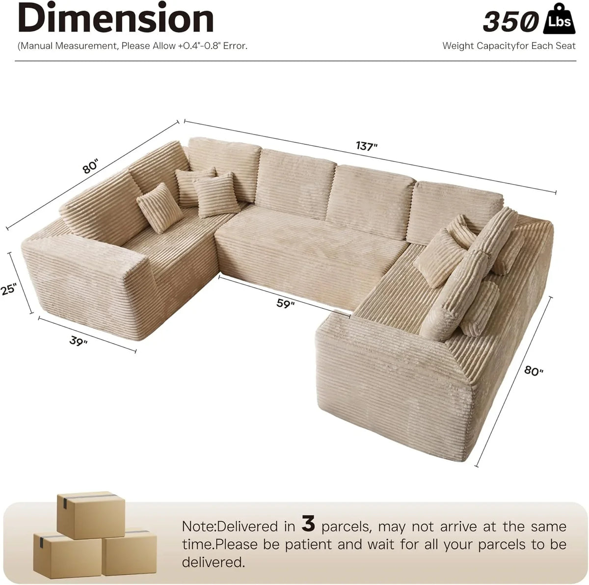 ovios 104in L-Shape Sectional Sofa With Chaise, Grey Plush Corduroy Fabric