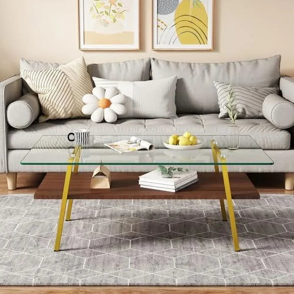 MQLIFEBOOM 2 Tier Rectangle Coffee Table With Tempered Glass Top And Wood Center Table