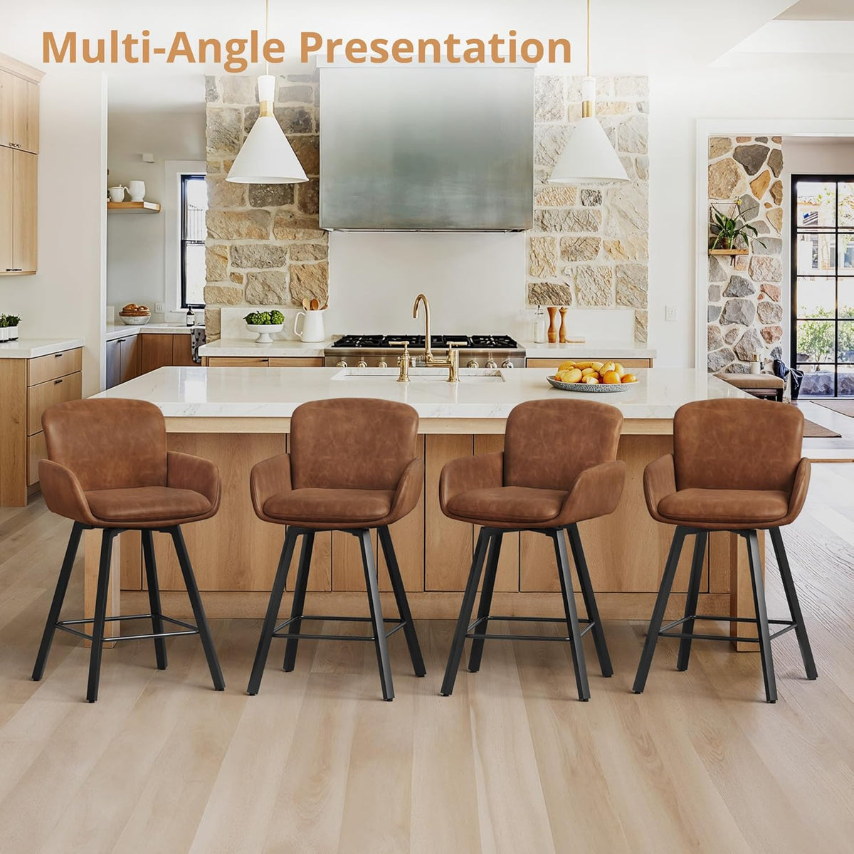 LUE BONA Counter Height Swivel Bar Stools With Backrest And Arms, 26 in, Set Of 6, Brown