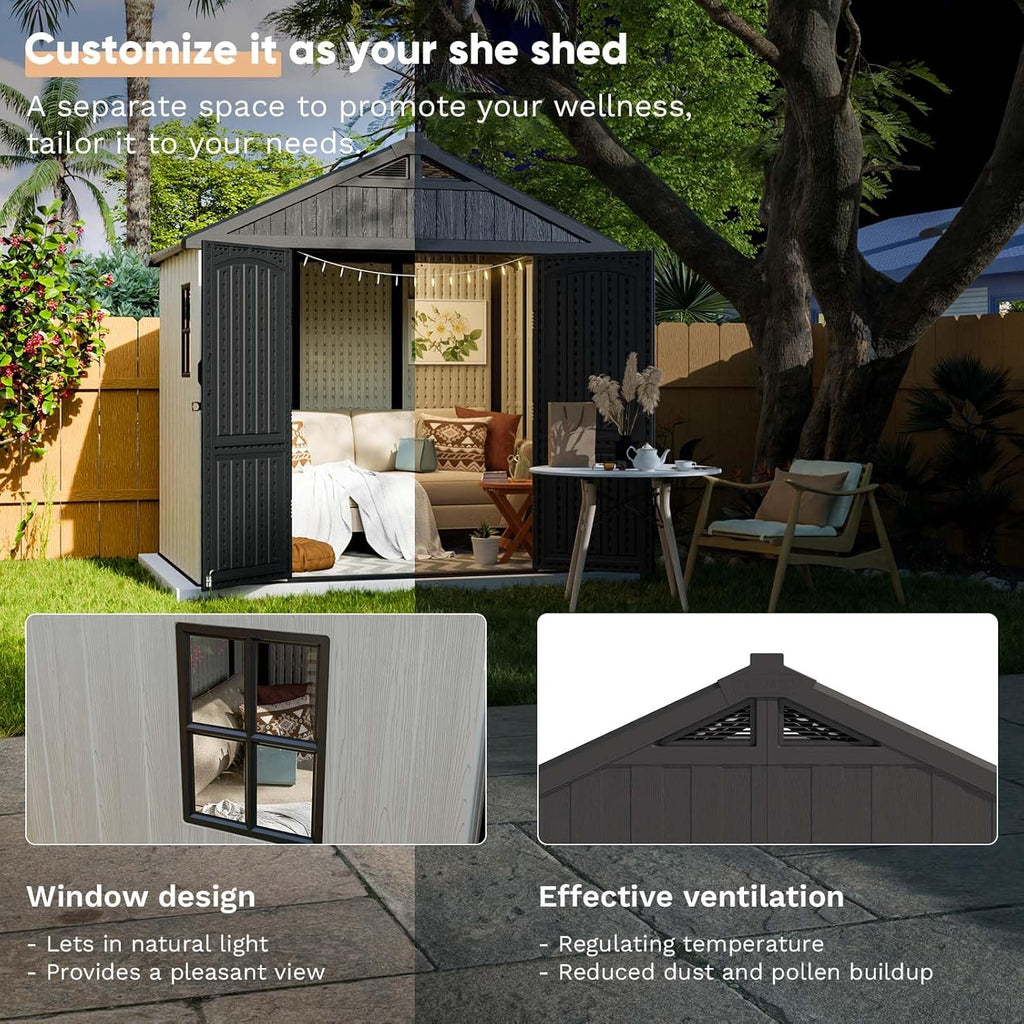Patiowell Plastic Outdoor Storage Shed With Floor, Window And Lockable Door, 8 x 6 FT, Beige - Kick-it Shed