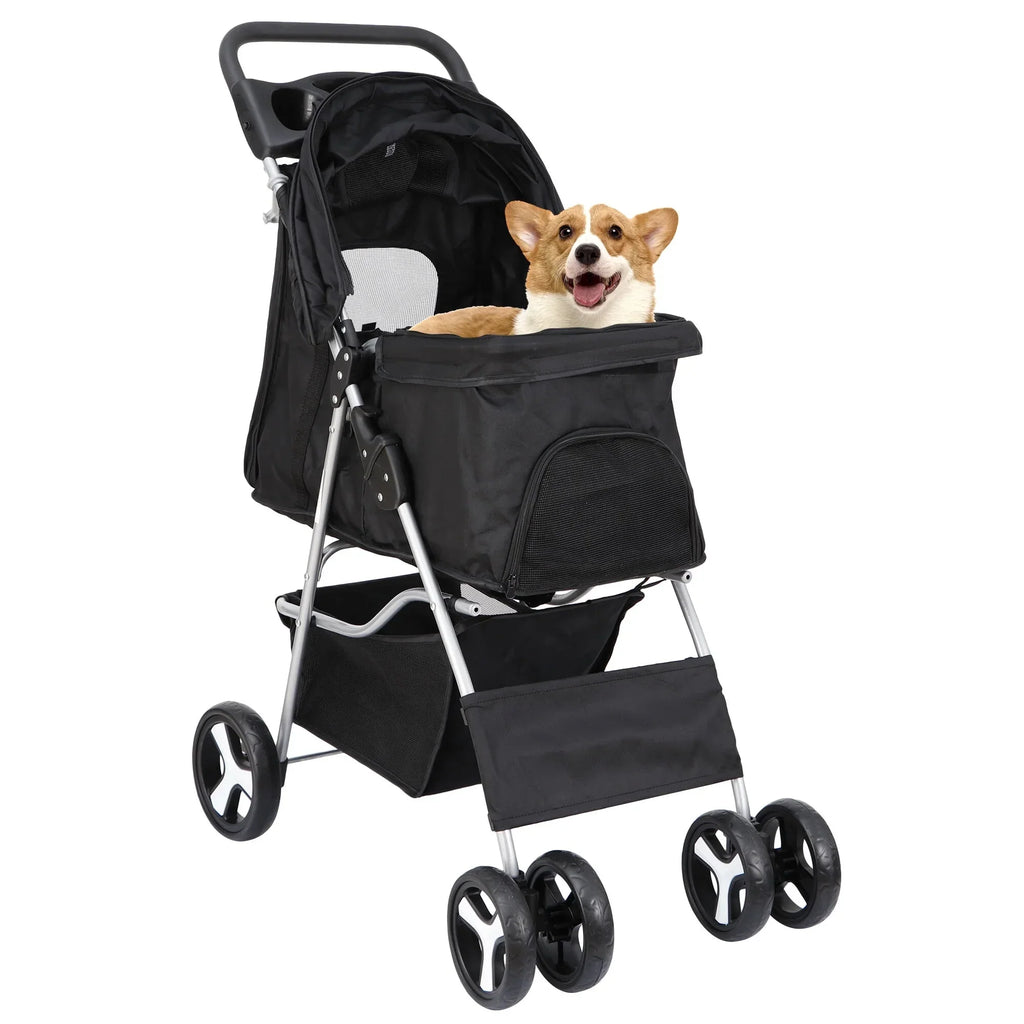 HomGarden 4 Wheel Foldable Pet Stroller Carrier Cart With Storage Basket And Cup Holder - Black