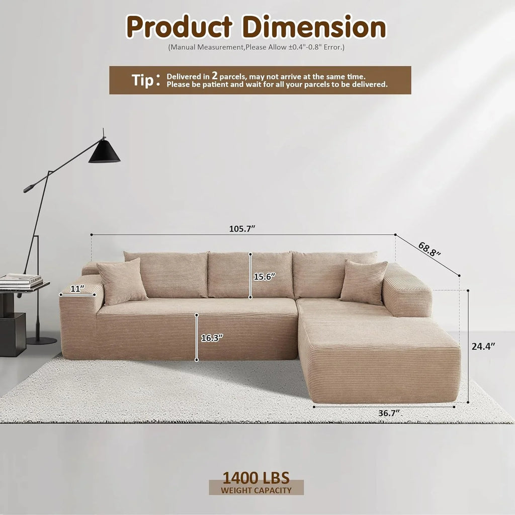 ovios 104in L-Shape Sectional Sofa With Chaise, Grey Plush Corduroy Fabric