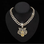 Tiger Head Pendant Necklace With Green Eyes, 13mm Cuban Link Chain, 20in - Gold Or Silvery