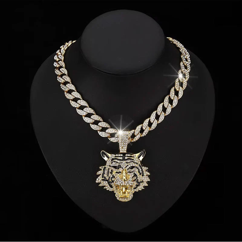 Tiger Head Pendant Necklace With Green Eyes, 13mm Cuban Link Chain, 20in - Gold Or Silvery