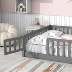 Uhomepro Full Size Wood Floor Bed Frame With Fence And Door - Gray/White/Natural/Espresso