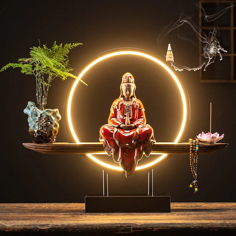 Porcelain Guan Yin Incense Burner With LED Light Buddha Statue, 25.0cm - 38.6cm Display Set