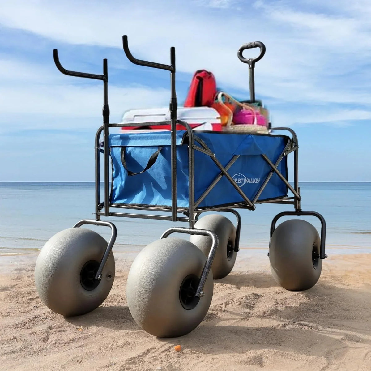 CRESTWALKER Beach Cart With 13-Inch Balloon Wheels, Chair Brackets And Pump - Blue