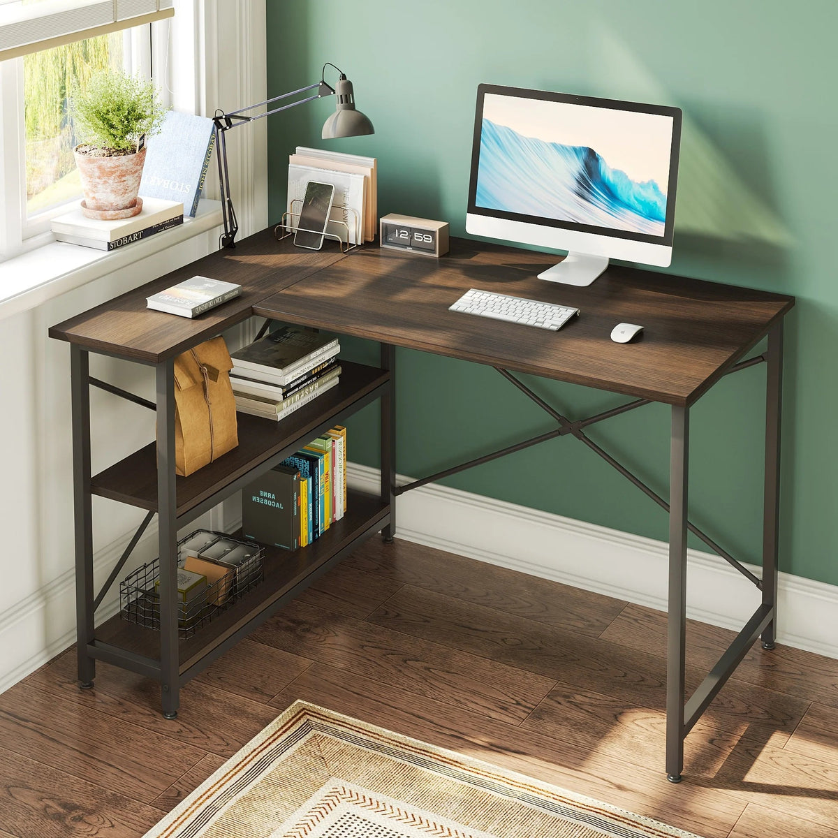 Small L-Shaped Computer Desk With Reversible Storage Shelves - 55-Inch / 47-Inch