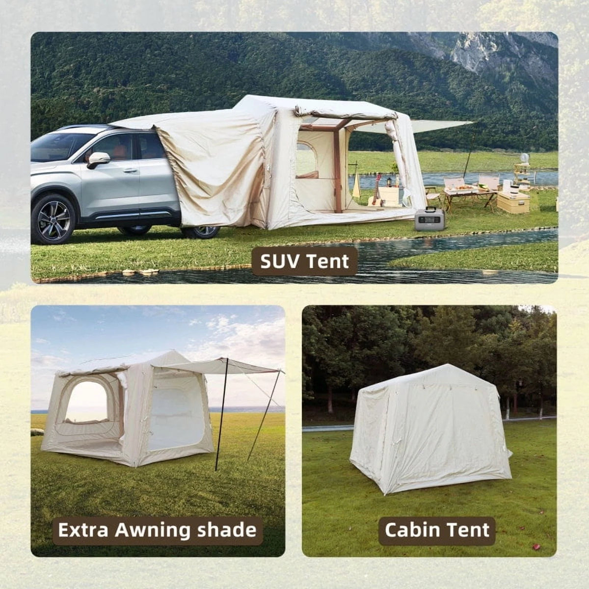 Beige Inflatable Camping Tent, 4-6 Person, 118in L x 98.5in W x 83in H, 4-Season, Oxford