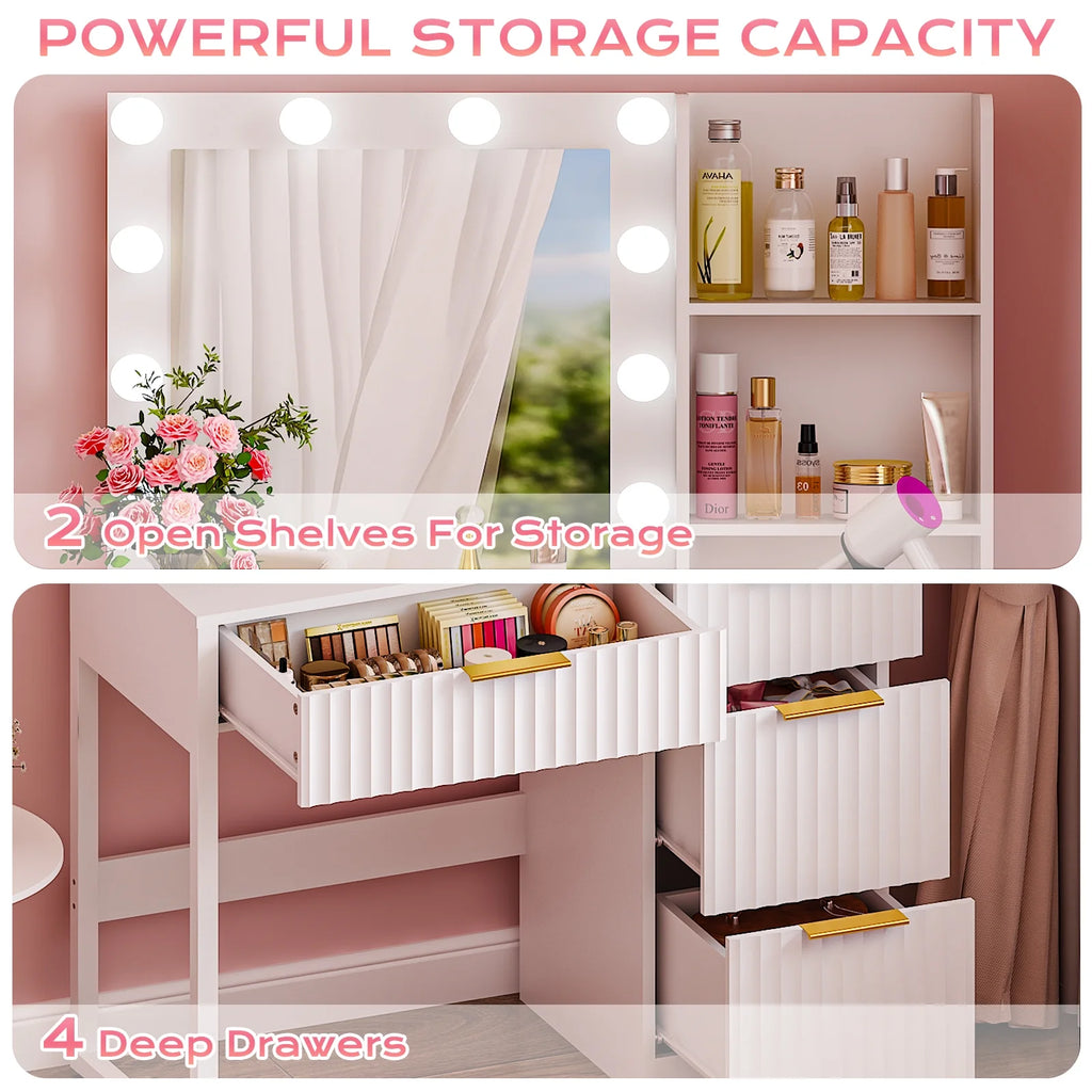 Ktaxon Vanity Makeup Table With Stool, 3-Color Lighted Mirror, 3 Shelves, Drawers, White - 35.43 x 15.55 x 29.53-53.27 in