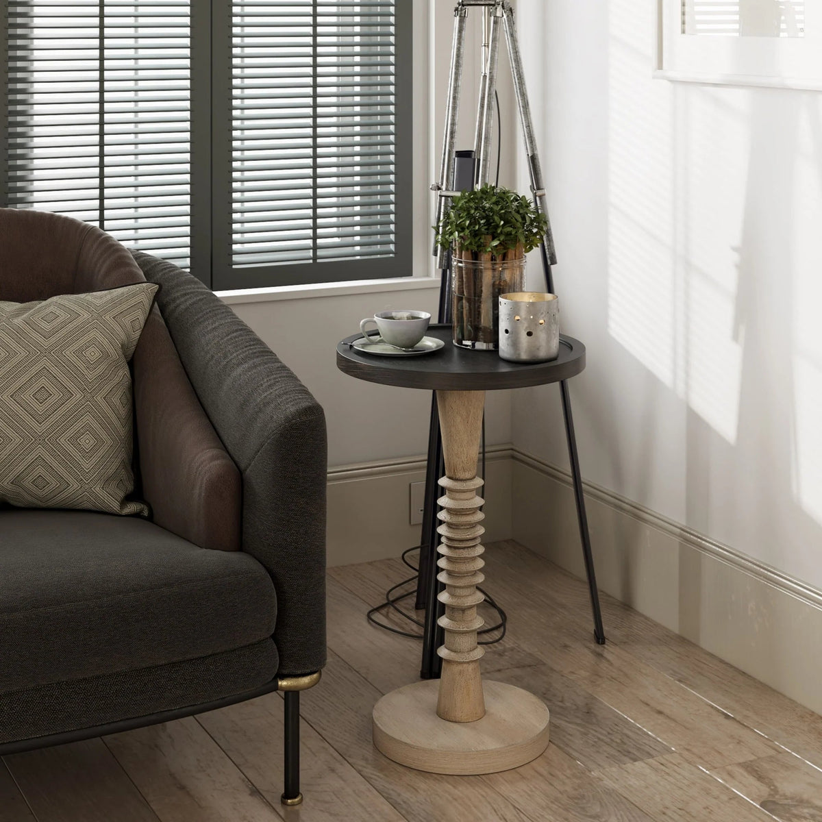 Pedestal End Table With Round Tray Top And Distressed Finish
