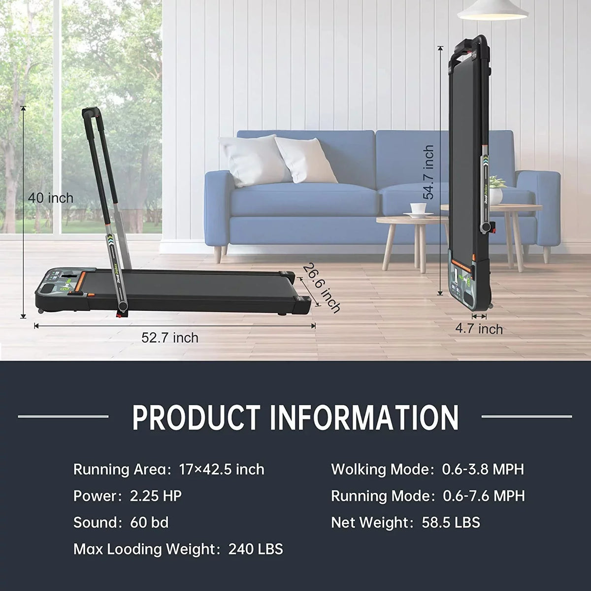 Real Relax 2 In 1 Folding Treadmill, 2.25HP, 42.5x17 Inch Belt - Home Office