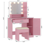 Ktaxon Vanity Makeup Table With Stool, 3-Color Lighted Mirror, 3 Shelves, Drawers, White - 35.43 x 15.55 x 29.53-53.27 in