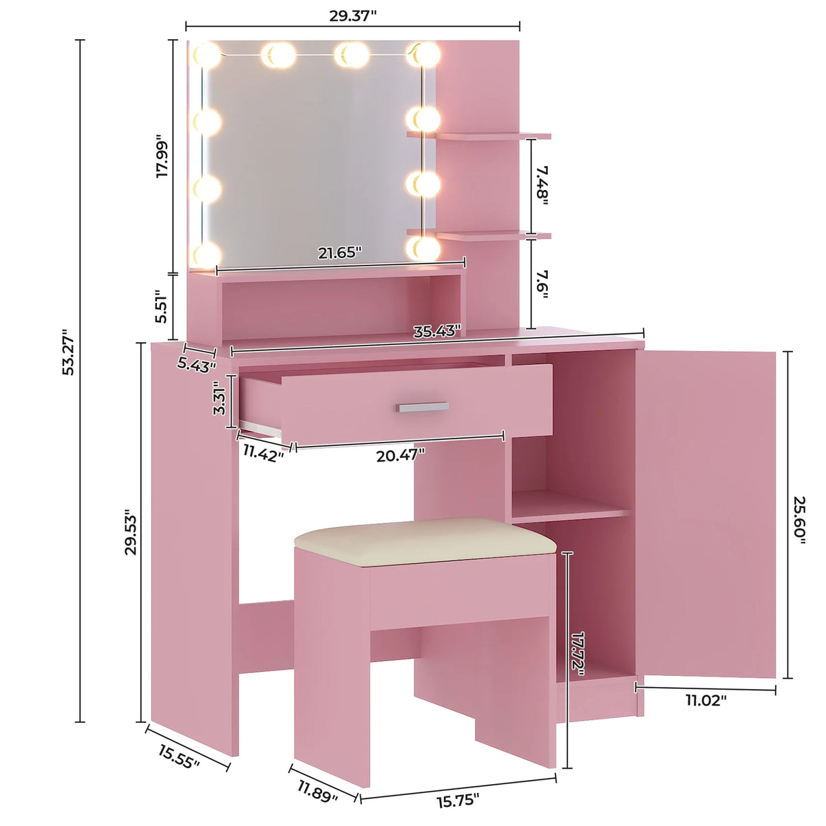 Ktaxon Vanity Makeup Table With Stool, 3-Color Lighted Mirror, 3 Shelves, Drawers, White - 35.43 x 15.55 x 29.53-53.27 in