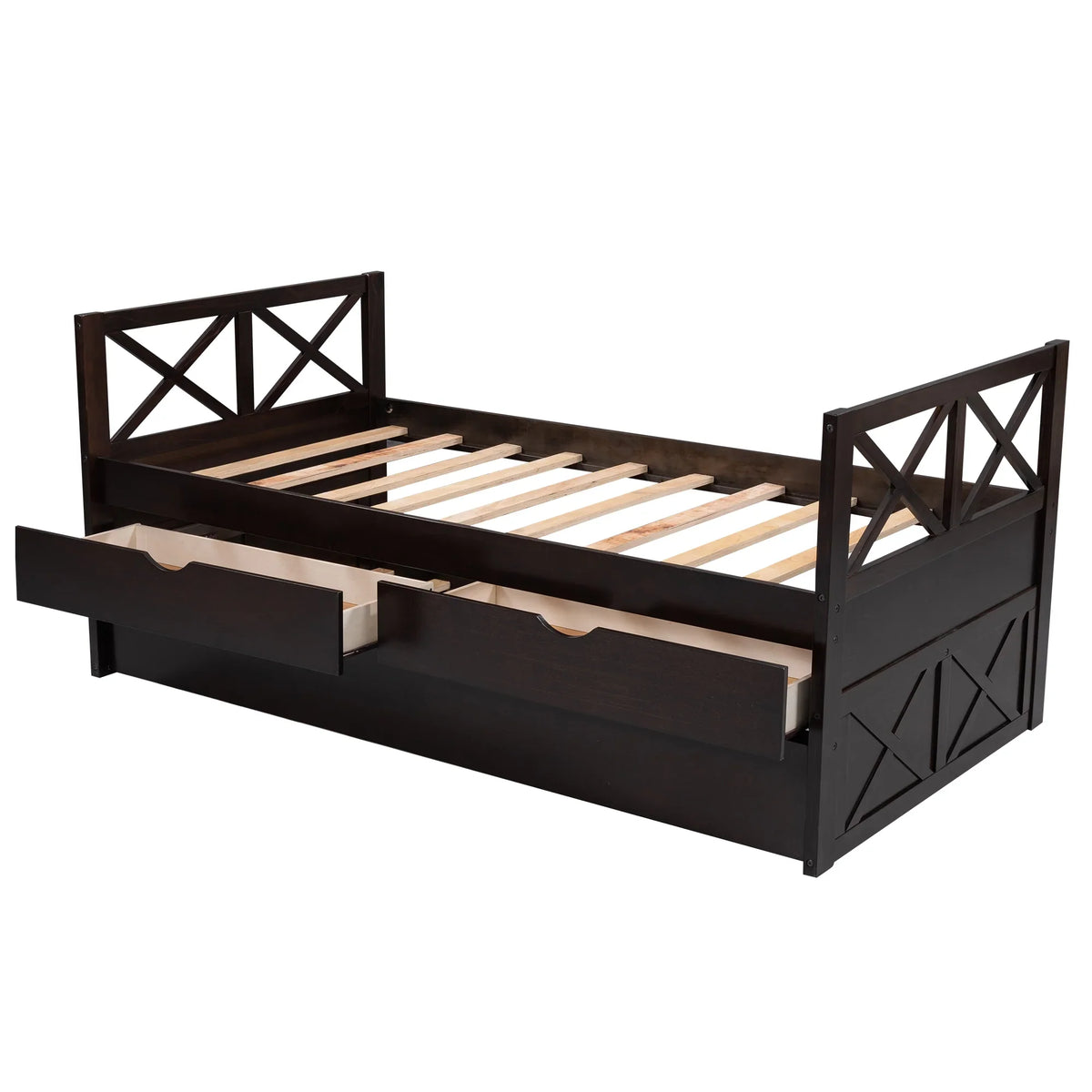 Captain Wood Twin Bed With Trundle And 3 Drawers, Brown, 78.9 in L x 42.7 in W x 36.2 in H