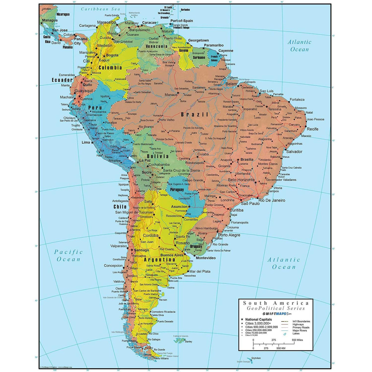 Swiftmaps South America Wall Map - GeoPolitical Edition