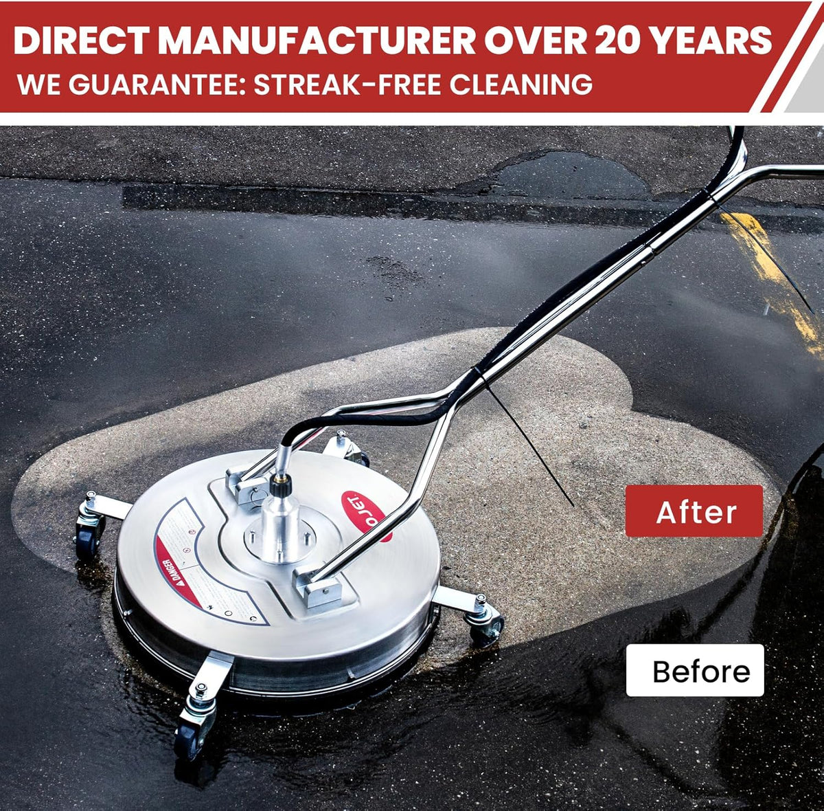 WOJET 20 Inch Pressure Washer Surface Cleaner Attachment, 4 Wheels, Dual Handles, 4500 PSI, Stainless Steel