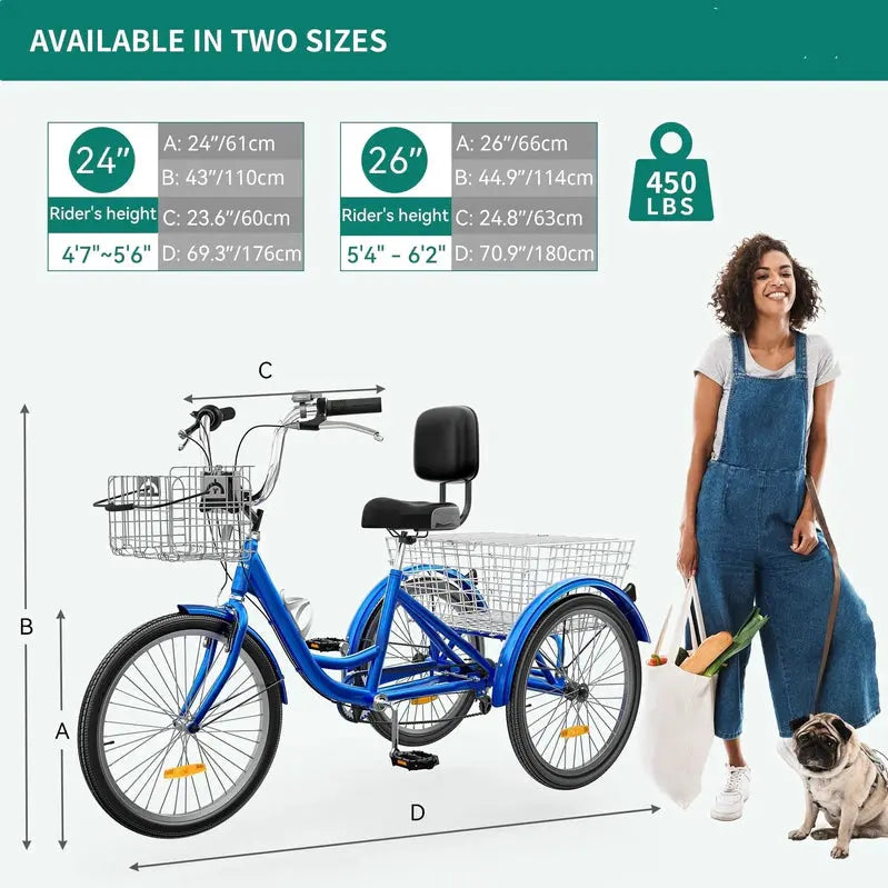 26-Inch Adult Tricycle - 7-Speed Heavy-Duty 3-Wheeled Bicycle