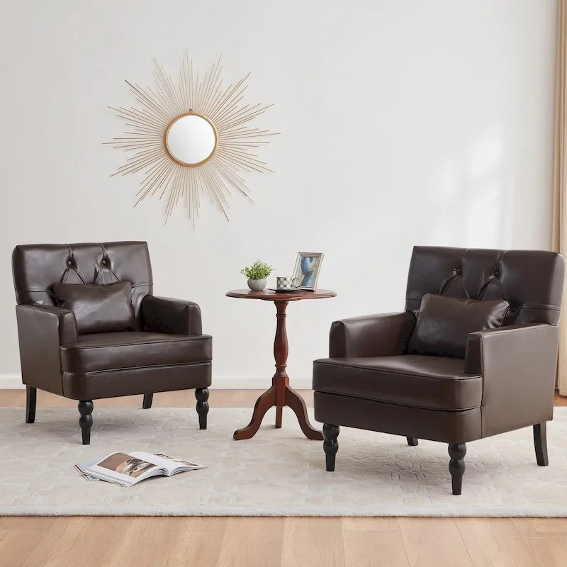 Set Of 2 Upholstered Button-Tufted Accent Chairs With Lumbar Pillows - 30 x 29 x 35 inches