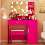 Ktaxon Vanity Makeup Table With Stool, 3-Color Lighted Mirror, 3 Shelves, Drawers, White - 35.43 x 15.55 x 29.53-53.27 in