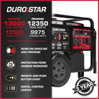 DuroStar Dual Fuel Portable Generator, 13,000-Watt, 500cc - DS13000MX