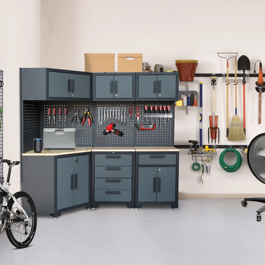HPDMC 7-Piece Metal Garage Cabinet System With 4-Drawer Roller Cabinet, 47.2 in Workbench And Pegboards