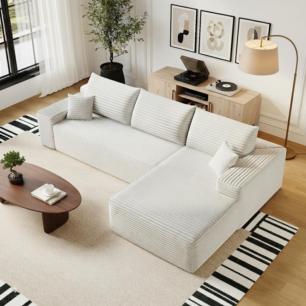 Oversized 135in 3-Piece Corduroy Upholstered Sectional Sofa With Deep Seat - Full Foam