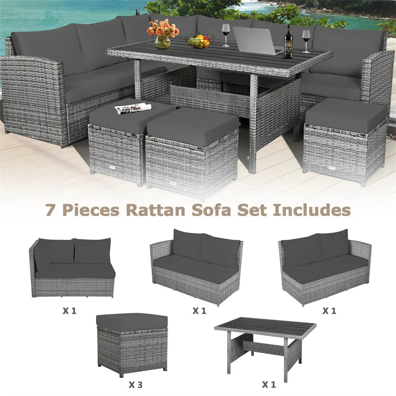 7-Piece Rattan Patio Dining Set With 3 Corner Chairs, 3 Ottomans And Table
