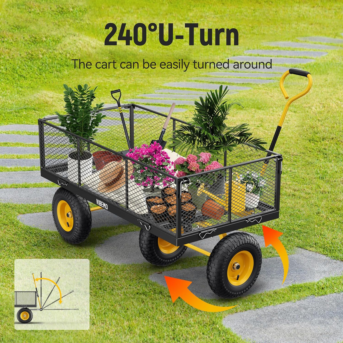 Vibemo Steel Garden Cart 2-in-1, 1400 lbs, 13 in Pneumatic Tires, Black - VB-GC02