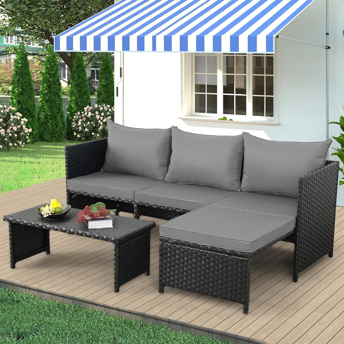 Valita 3-Piece Outdoor PE Rattan Patio Conversation Set With Cushions - 47 x 23 x 26 in Sofas, 34 x 16 x 14 in Table