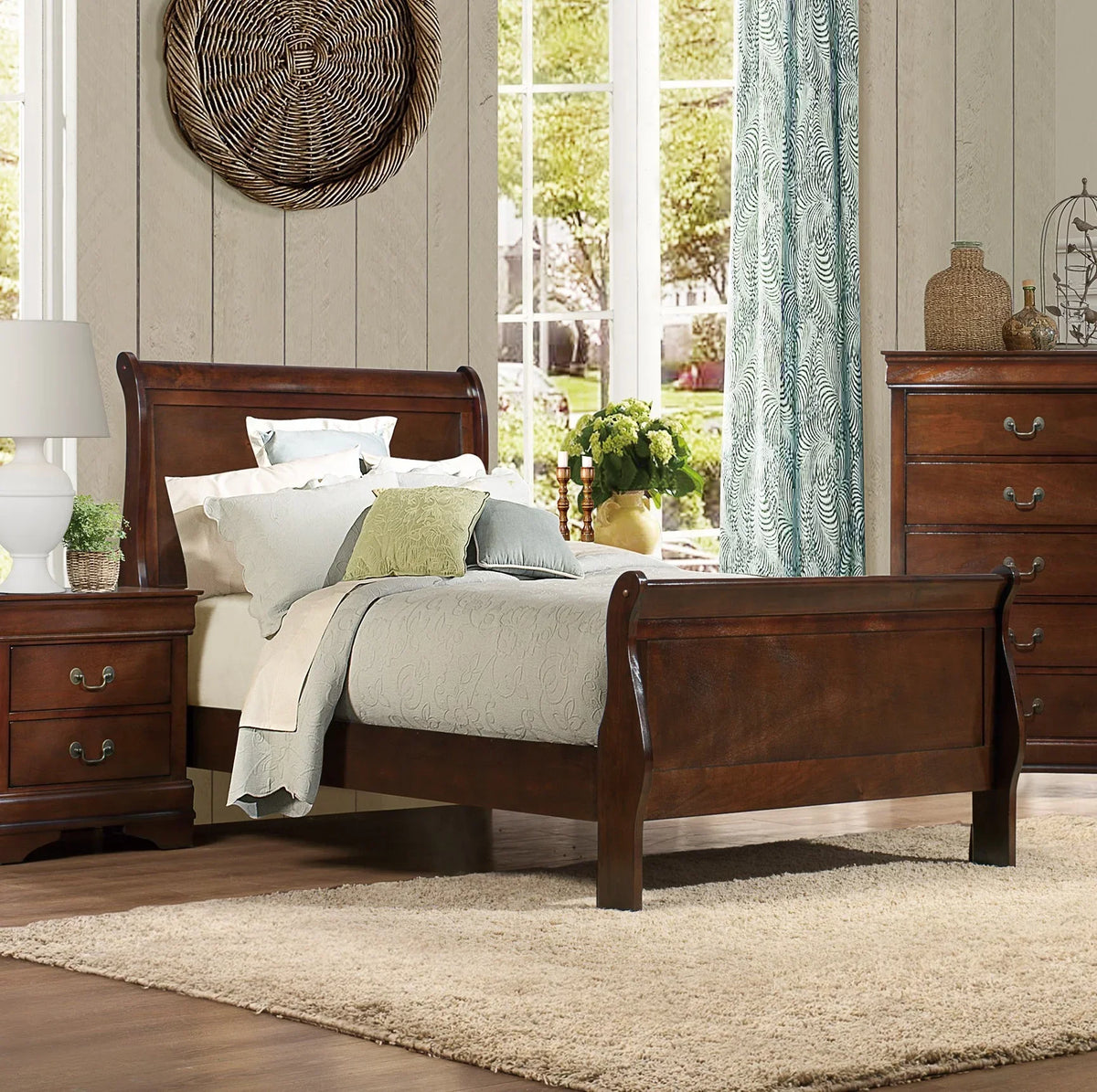 Homiyad Twin Size Sleigh Bed Brown Cherry Finish - Louis Philipe