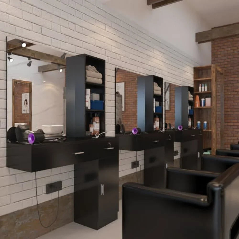 OmySalon Wall Mount Salon Station With Mirror, 1 Storage Cabinet, 2 Drawers And 3-Tier Shelf - Black