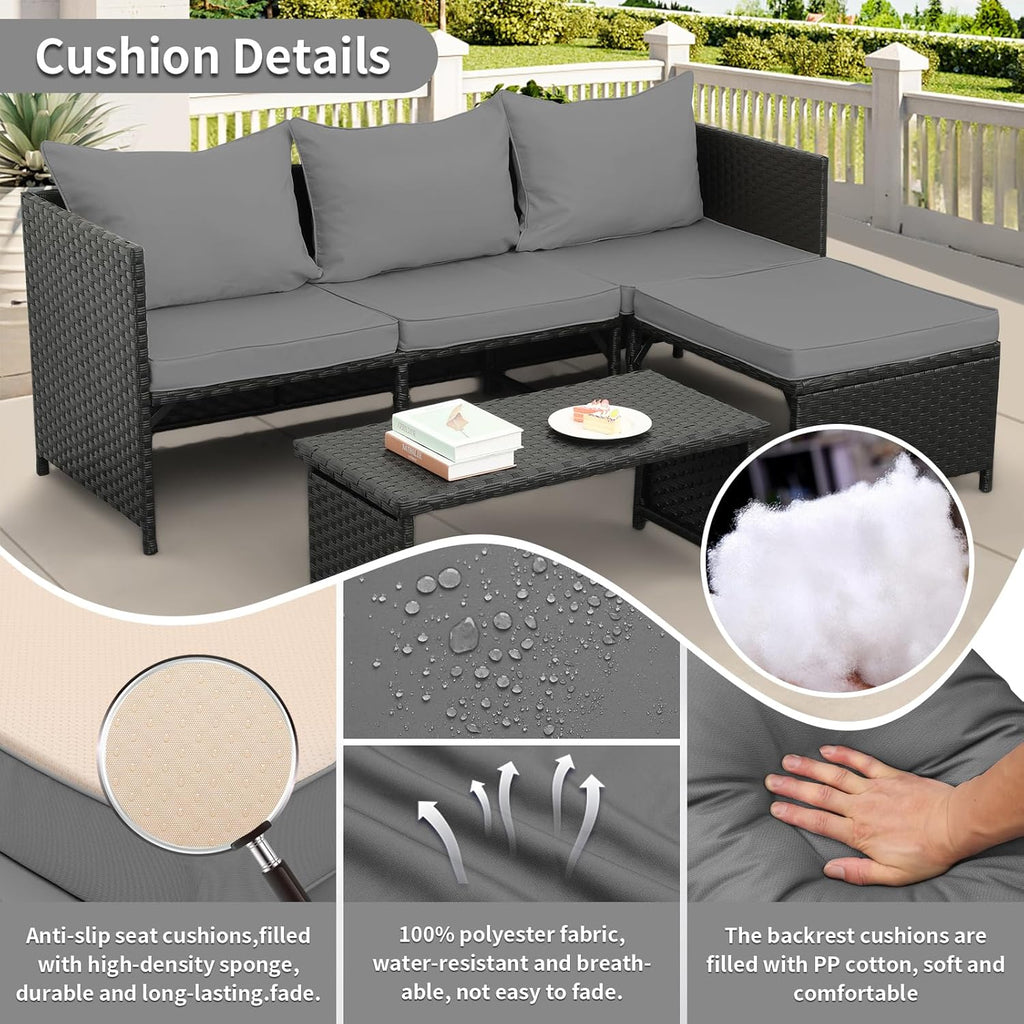 Valita 3-Piece Outdoor PE Rattan Patio Conversation Set With Cushions - 47 x 23 x 26 in Sofas, 34 x 16 x 14 in Table