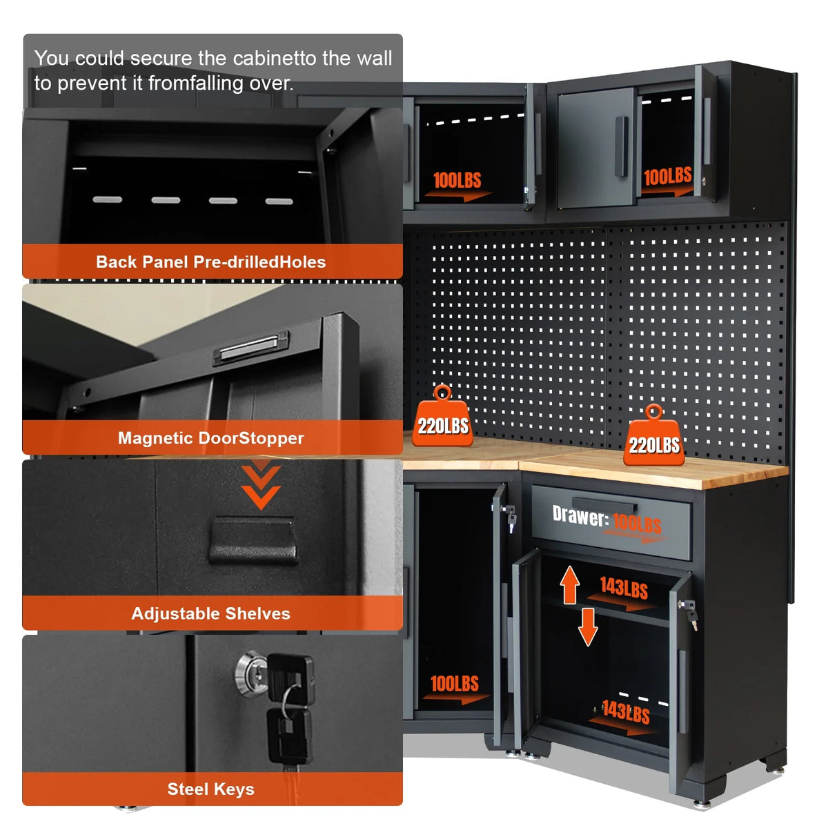 HPDMC 7-Piece Metal Garage Cabinet System With 4-Drawer Roller Cabinet, 47.2 in Workbench And Pegboards