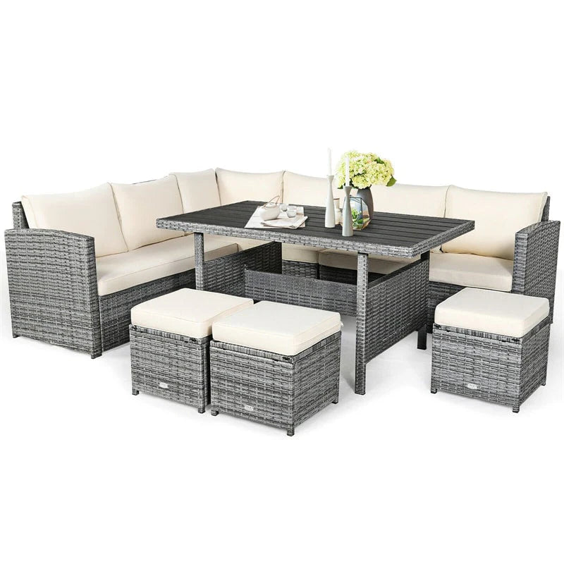 7-Piece Rattan Patio Dining Set With 3 Corner Chairs, 3 Ottomans And Table