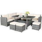7-Piece Rattan Patio Dining Set With 3 Corner Chairs, 3 Ottomans And Table