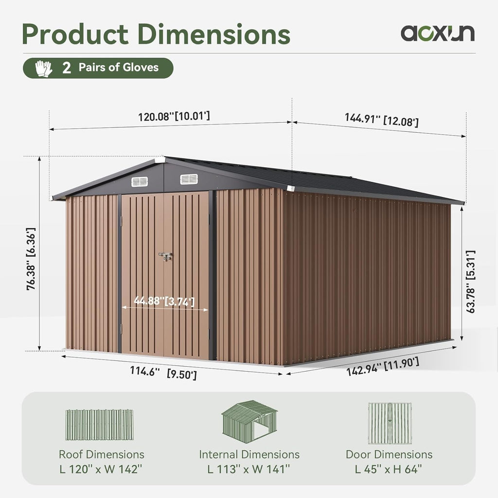 Aoxun Outdoor Storage Shed 10 x 12FT Brown - Double Hinged Door
