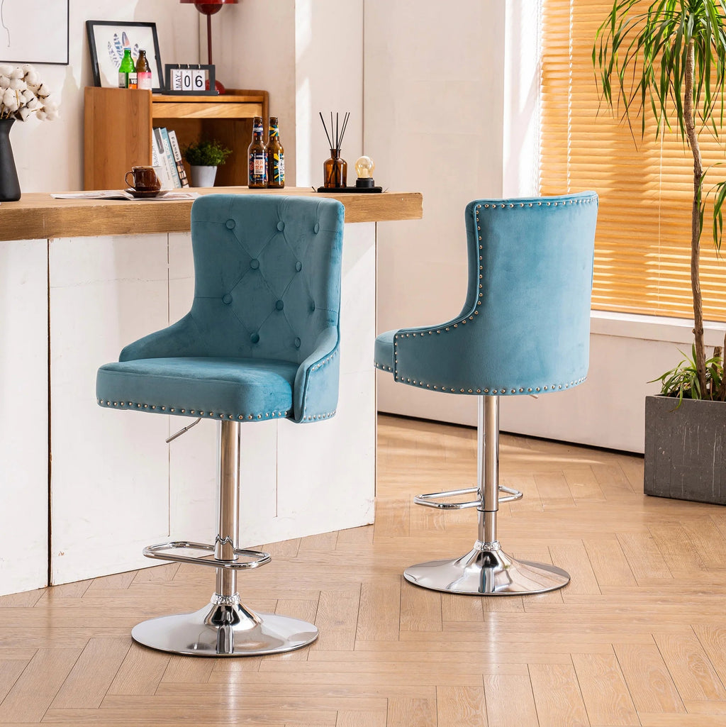 Alexent 2-Piece Swivel Bar Stools, Dark Blue, 43.7-51.6 H, 19.3 W x 18.1 D - Silver Footrest