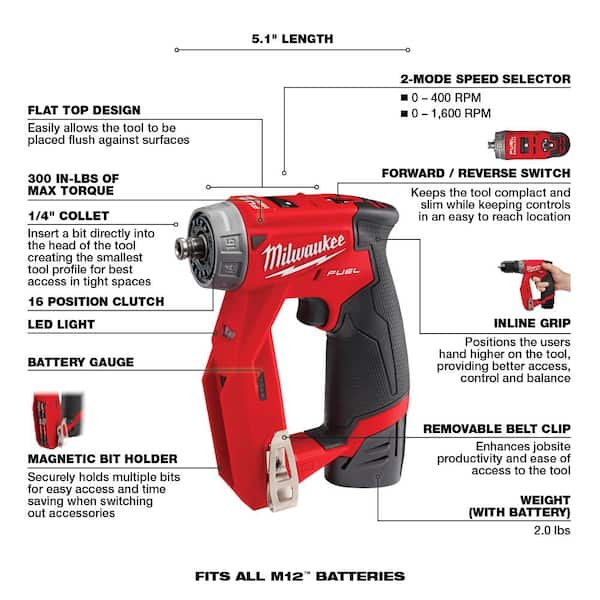 Milwaukee M12 FUEL 12V Lithium-Ion Brushless Cordless 4-in-1 3/8 in. Installation Drill Driver Kit With 4 Tool Heads