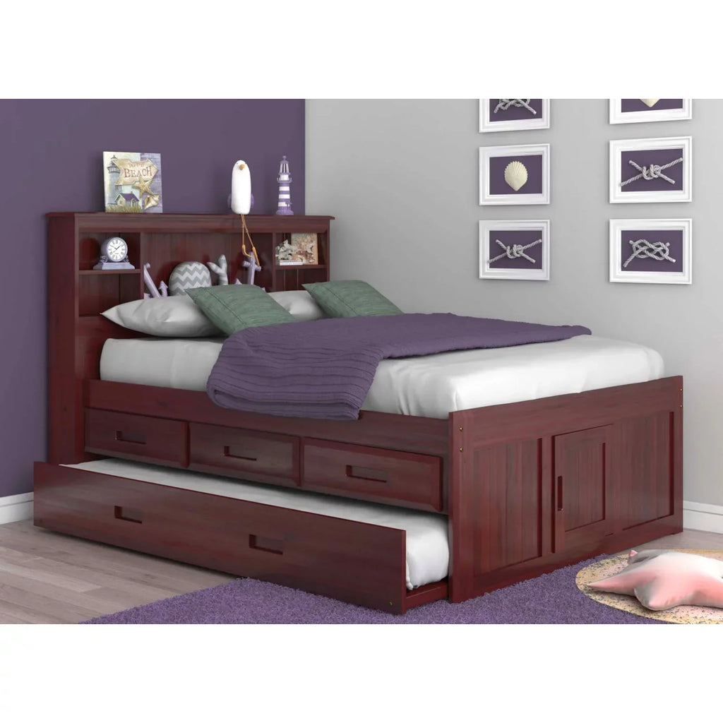 OS Home and Office Solid Pine Full Captains Bookcase Bed With 3 Drawers and Twin Trundle - Merlot