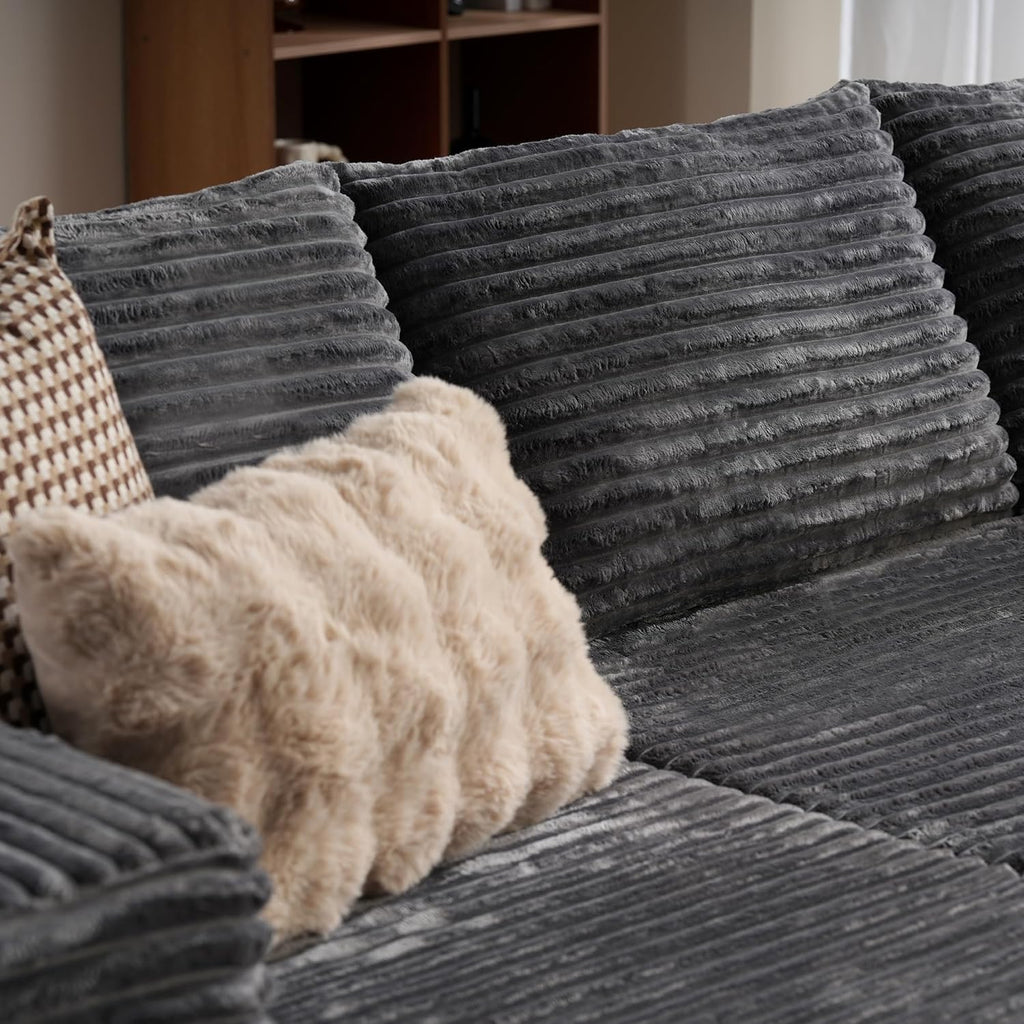 ovios 104in L-Shape Sectional Sofa With Chaise, Grey Plush Corduroy Fabric
