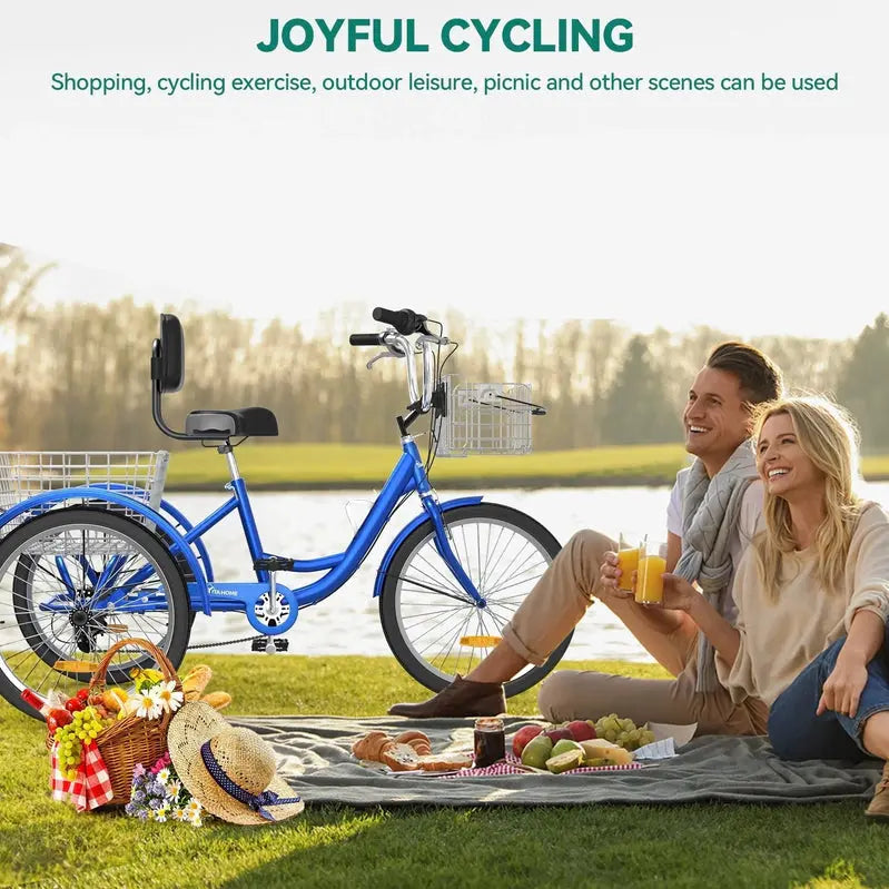 26-Inch Adult Tricycle - 7-Speed Heavy-Duty 3-Wheeled Bicycle