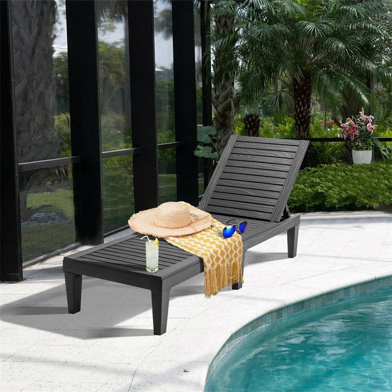 Outdoor Patio Chaise Lounge Chair Recliner - Adjustable 5 Positions, Wood Texture Design