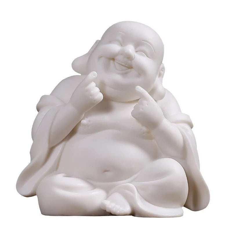 Handmade Clay Laughing Buddha Statue Ornament, White or Green - 9.5cm