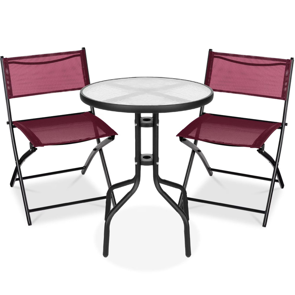 Best Choice Products 3-Piece Patio Bistro Dining Set With Glass Tabletop And Folding Chairs - Gray